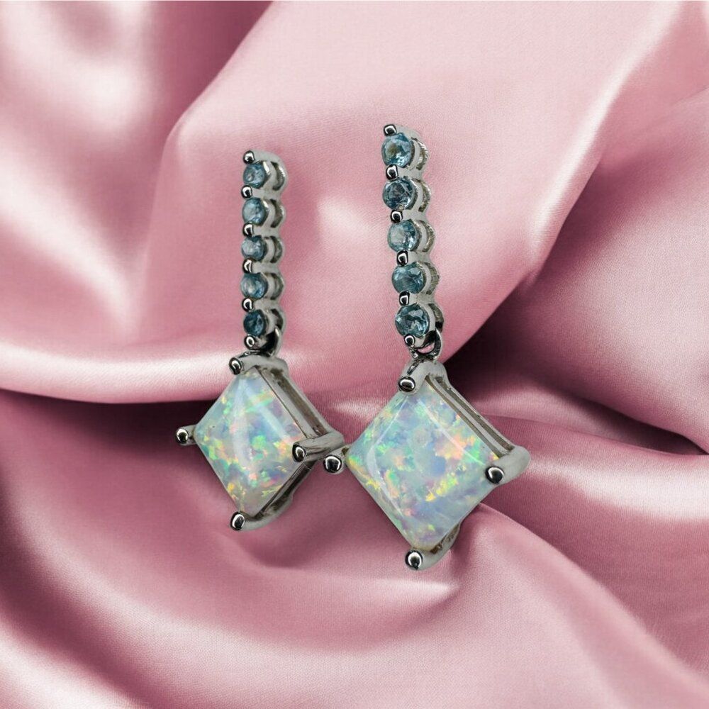 10K White Gold- Opal & Blue Topaz Dangle Earrings- 25mm Rainbow Earrings- 2g - Picture 2 of 16